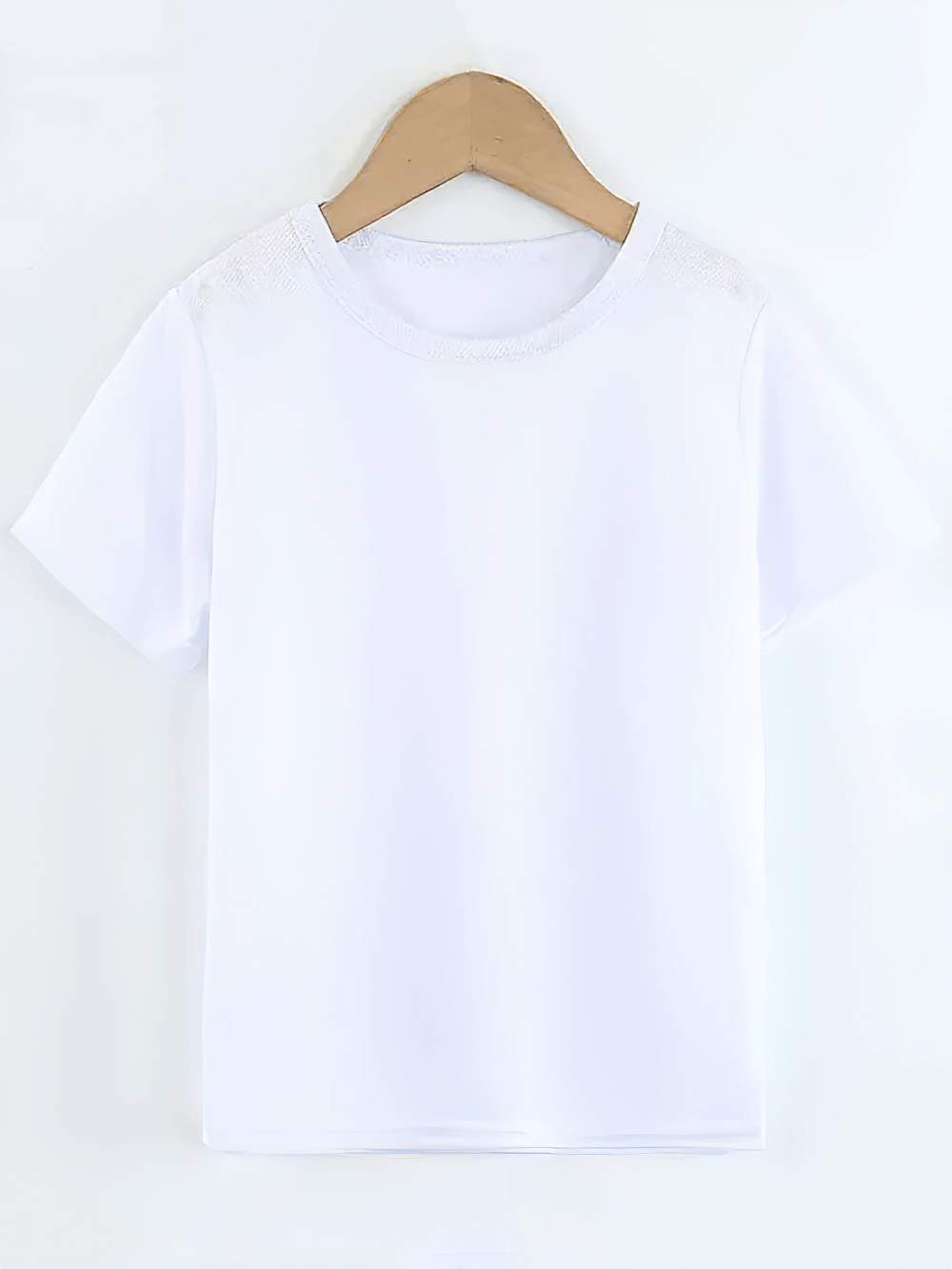White mesh round neck t-shirt on hanger, breathable fabric for sports and casual wear, unisex design, lightweight and versatile.